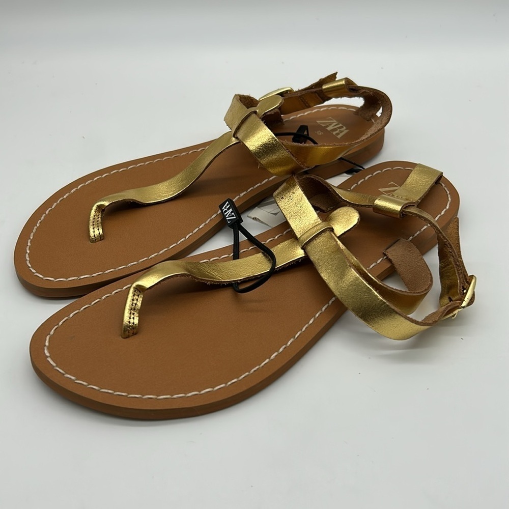 ZARA Gold Leather Thong Flat Sandals | Size 7.5 | Made in India NWT - Picture 5 of 11